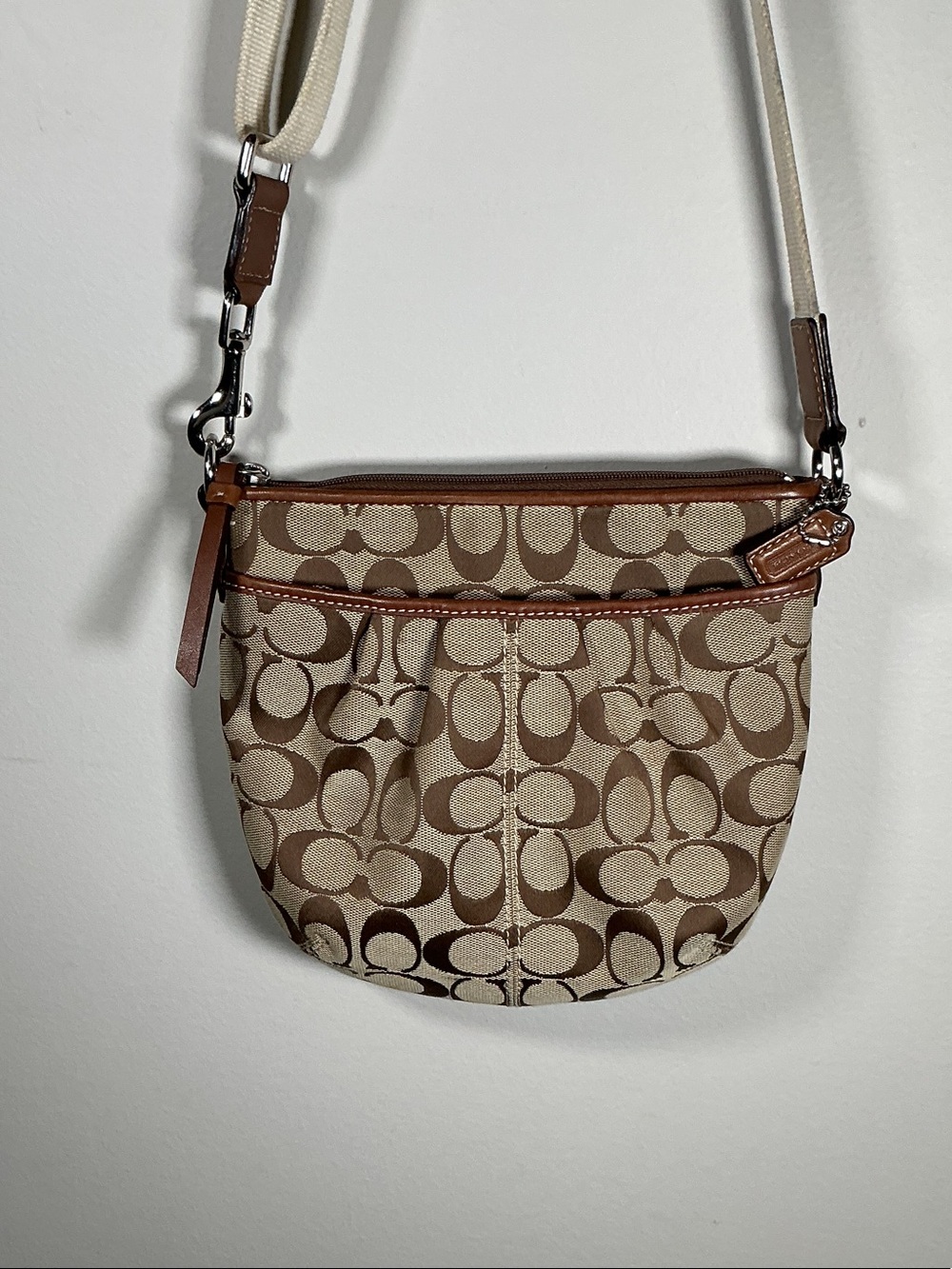 Coach Signature Jacquard Crossbody Bag Tan Brown Canvas Leather Trim